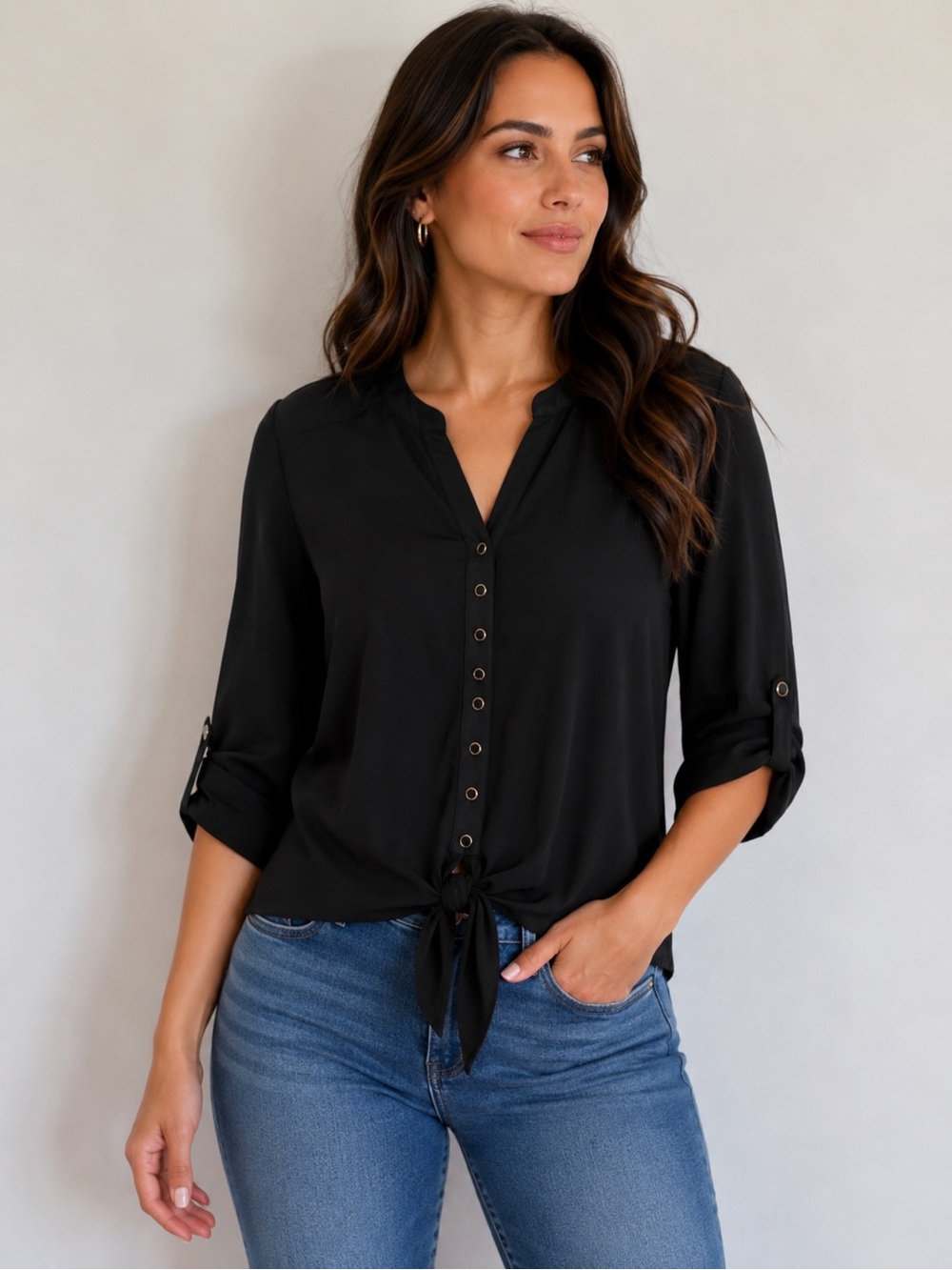 Dressbarn Black Tie Front Blouse Small Roll Tab Sleeve Career Top